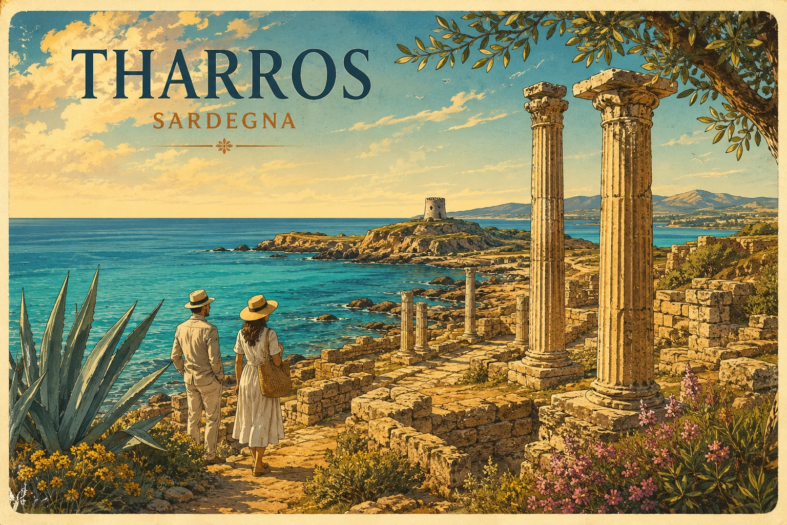 Ancient columns and archaeological ruins of Tharros beside the Sardinian coast