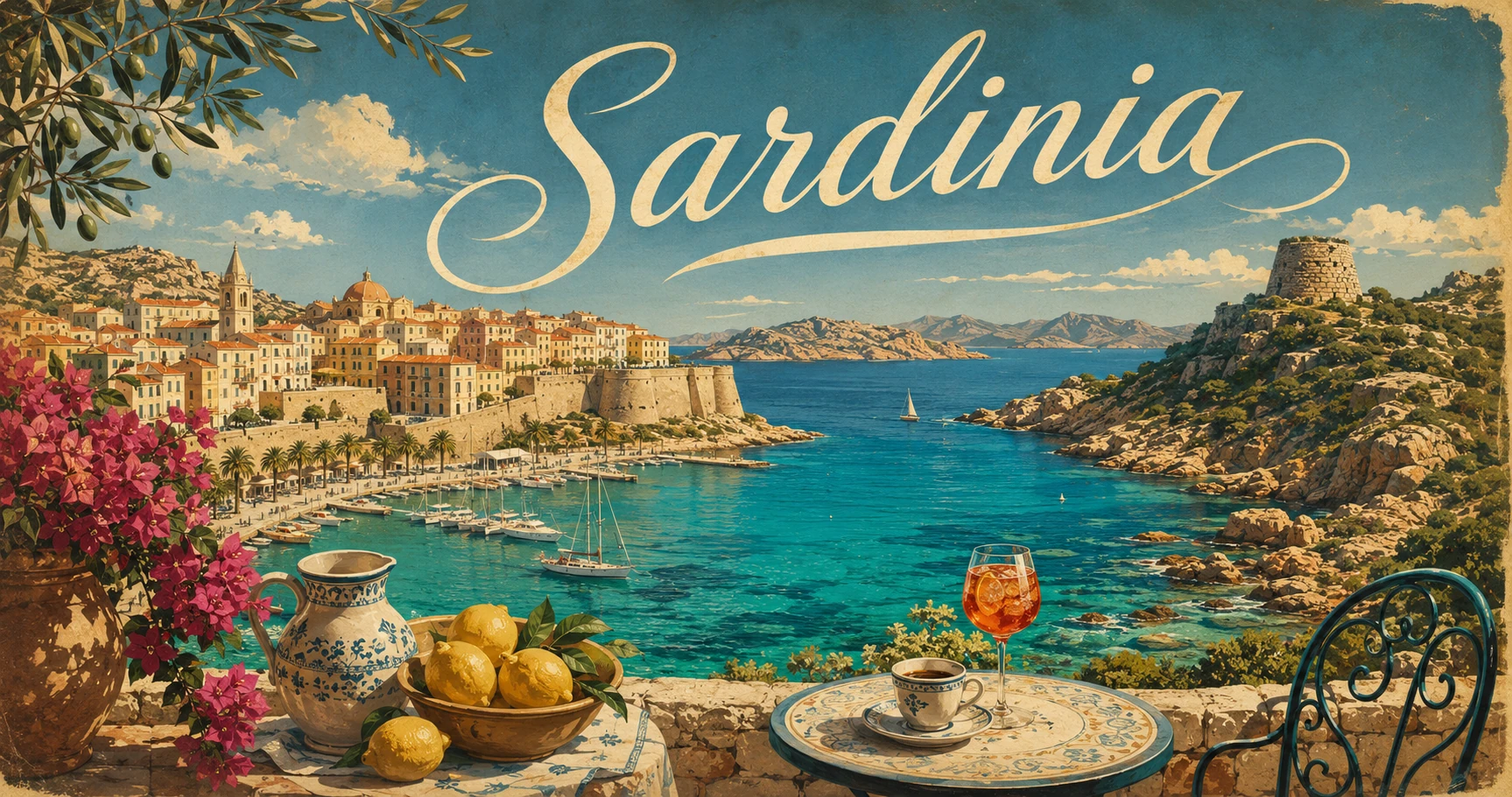 Sardinia coastline with turquoise water, granite coves, historic towns, and Mediterranean scenery