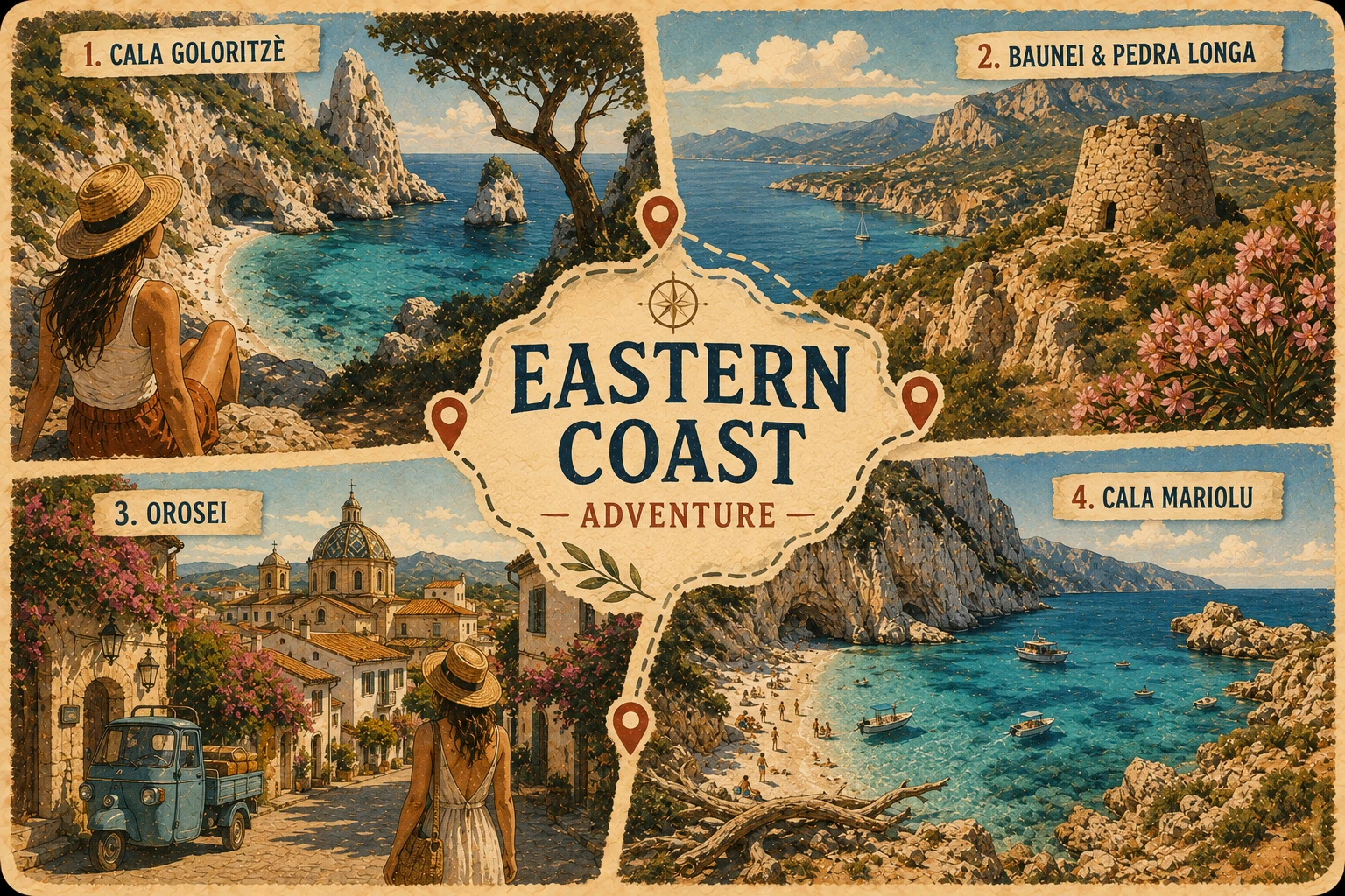 Eastern Sardinia coastline with limestone cliffs, turquoise coves, boats, and hiking scenery