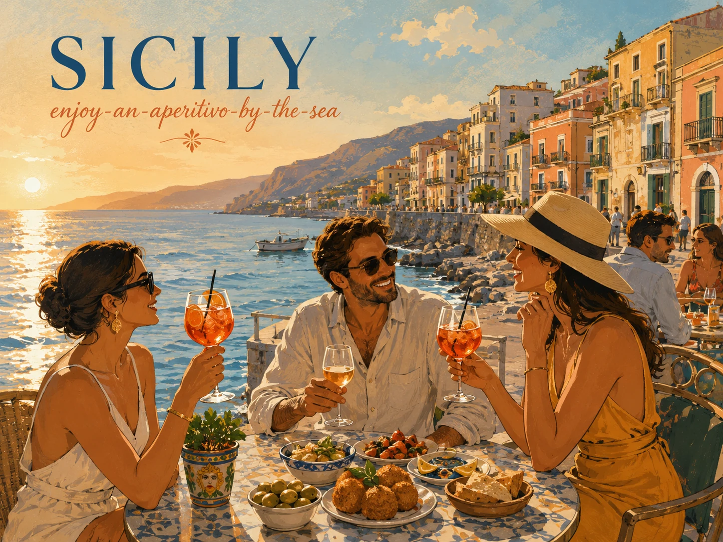 Illustration of aperitivo beside the Mediterranean in Sicily