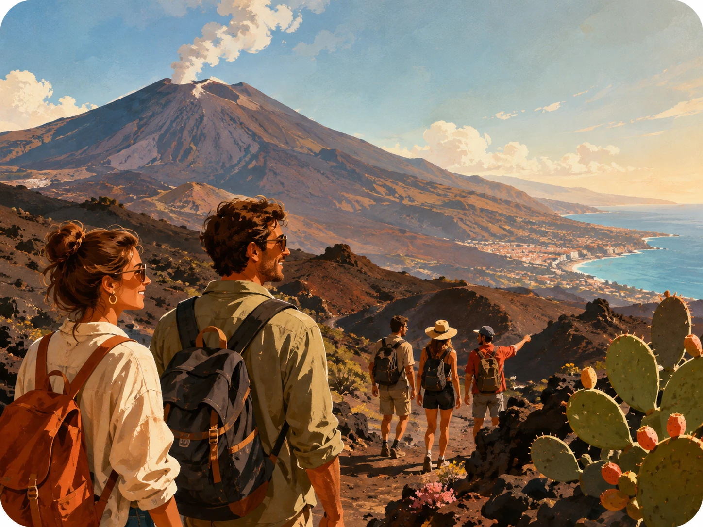 Illustration of travelers exploring volcanic terrain on Mount Etna