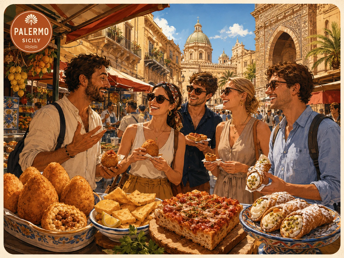 Illustration of a Palermo street-food tour through a lively market