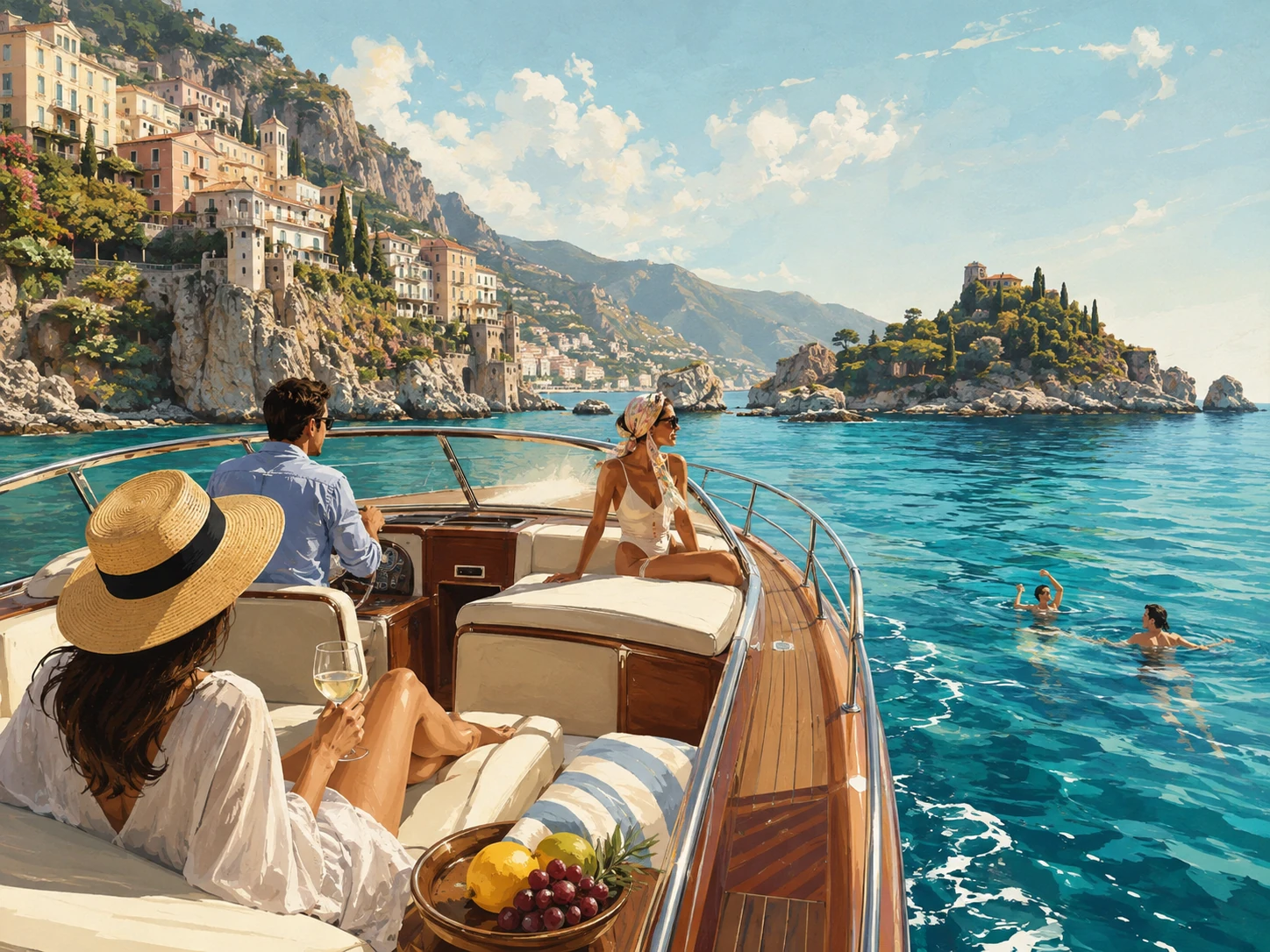 Illustration of a boat day along Taormina and Isola Bella
