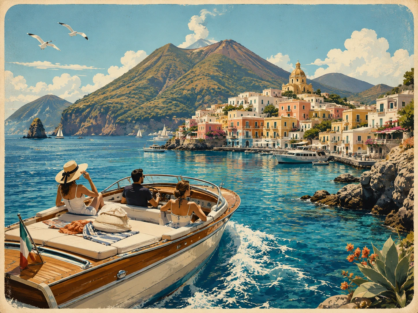 Illustration of a boat approaching the volcanic Aeolian Islands