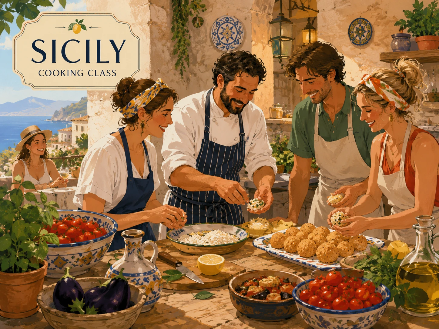 Illustration of a hands-on Sicilian cooking class