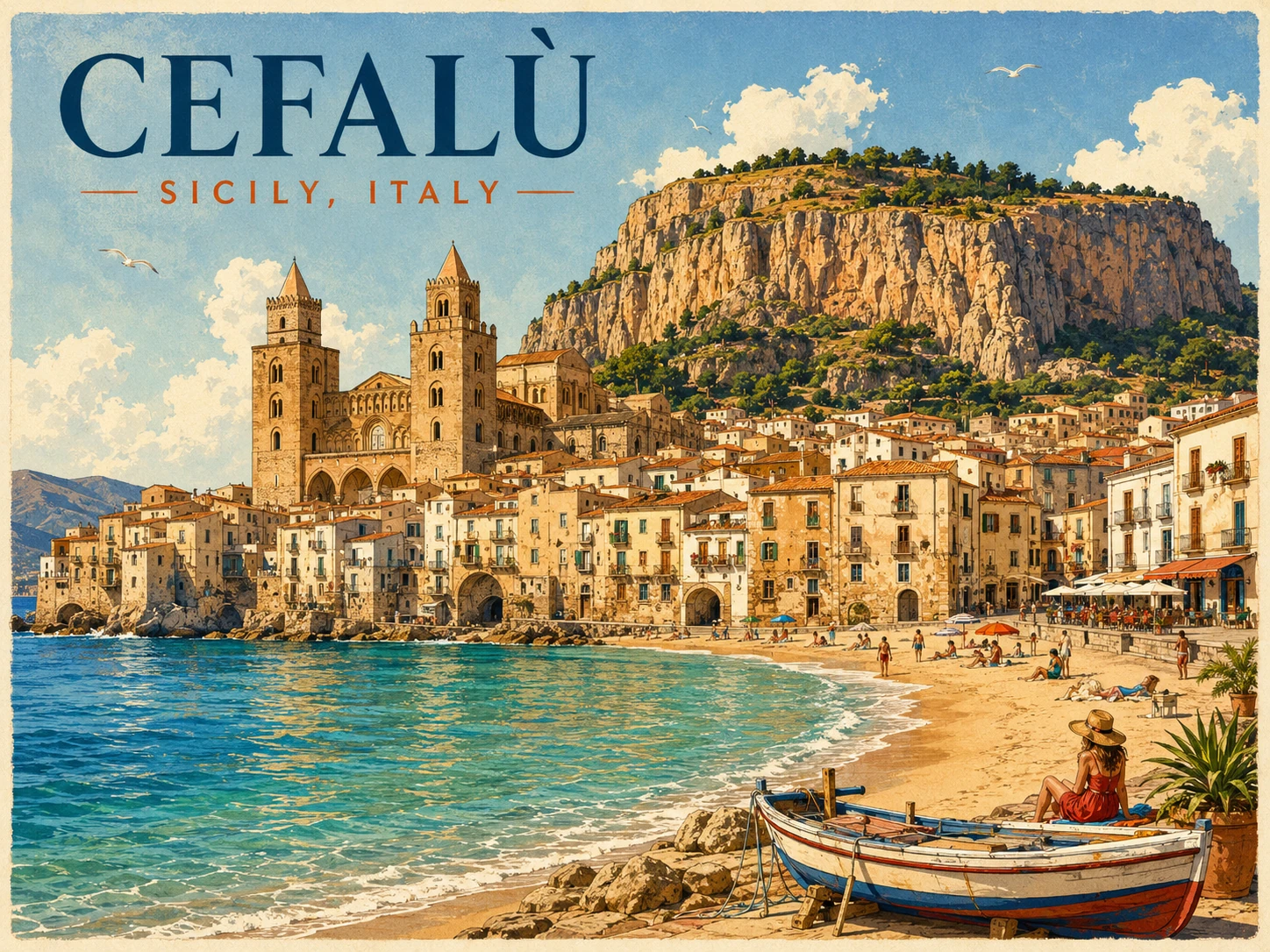 Illustration of Cefalù's beach, medieval town, cathedral, and La Rocca
