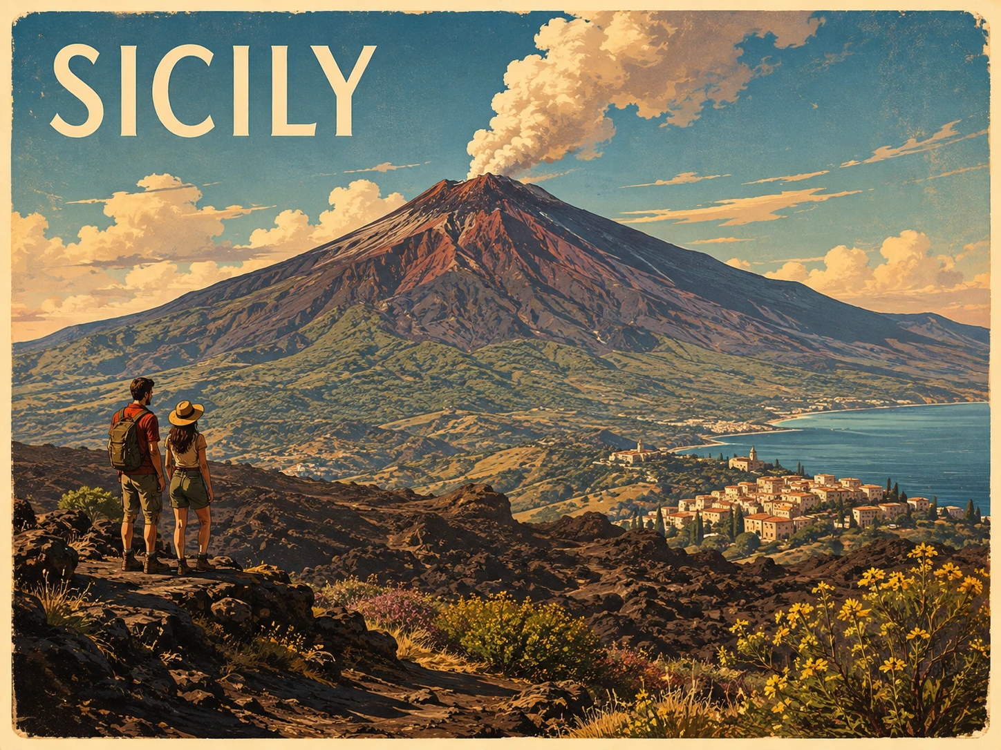 Illustration of Mount Etna's volcanic landscape in eastern Sicily