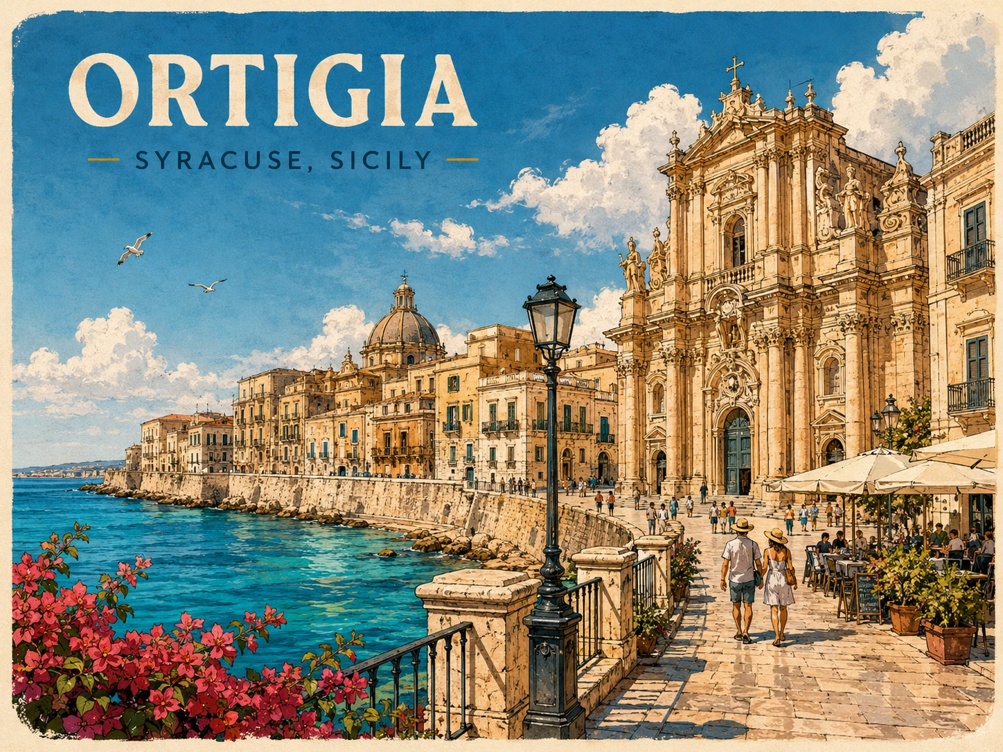 Illustration of the Baroque waterfront and streets of Ortigia in Syracuse