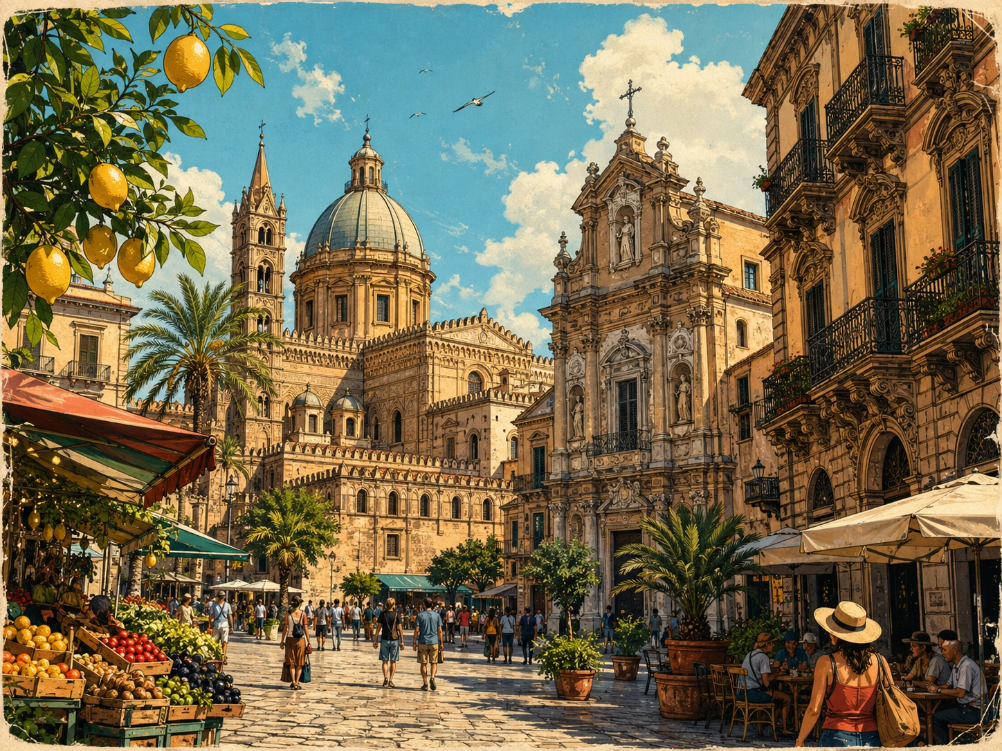 Illustration of Palermo Historic Center with cathedral architecture and lively streets