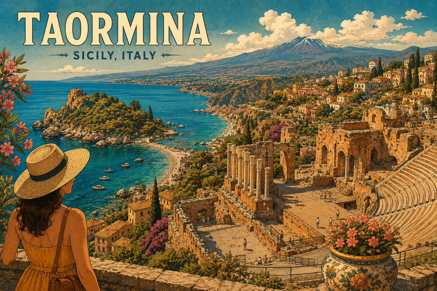 Illustration of Taormina and the blue water around Isola Bella