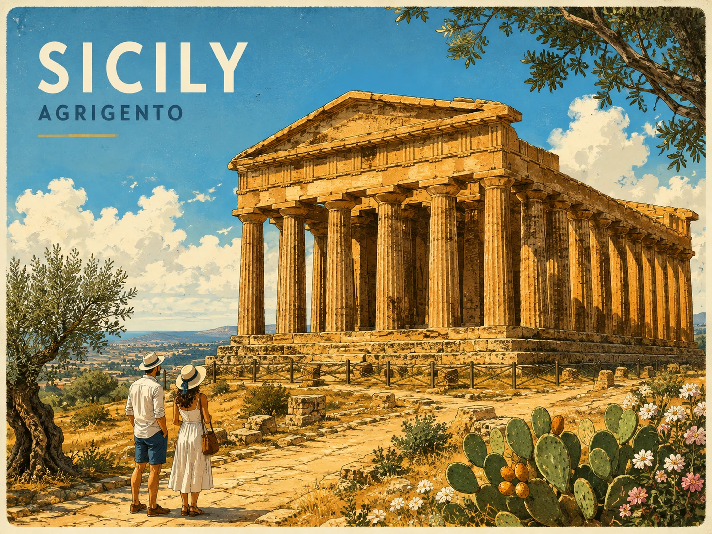 Illustration of ancient Greek temples near Agrigento in Sicily