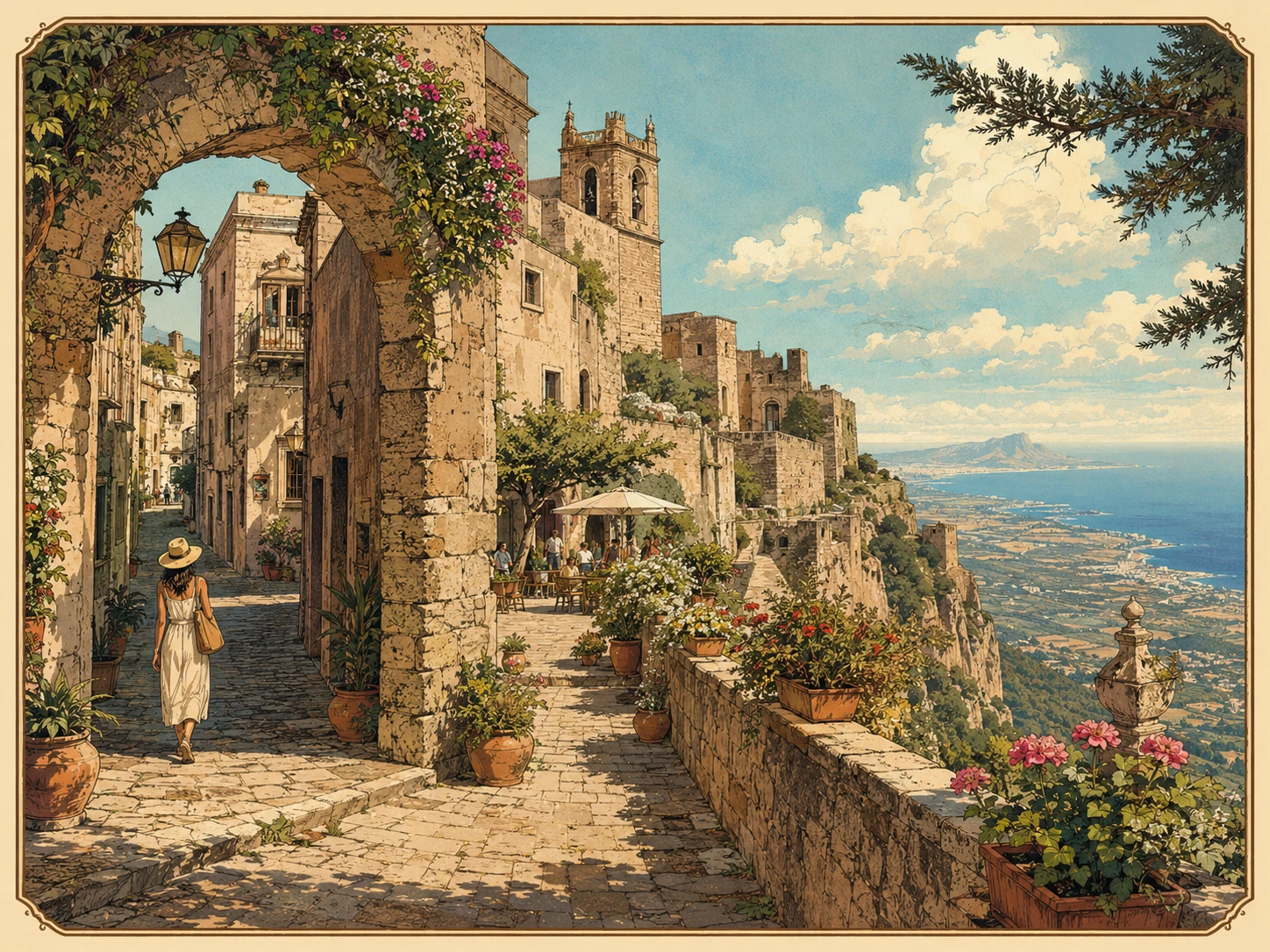 Illustration of the medieval stone town of Erice above western Sicily