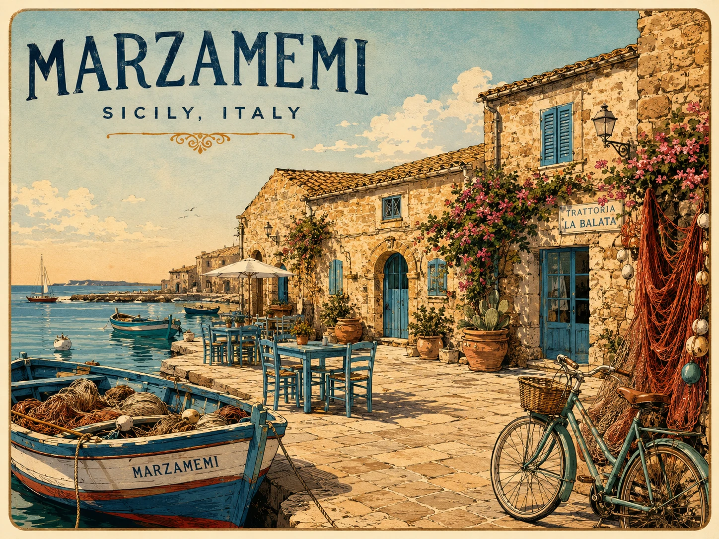 Illustration of Marzamemi's fishing village square and small boats
