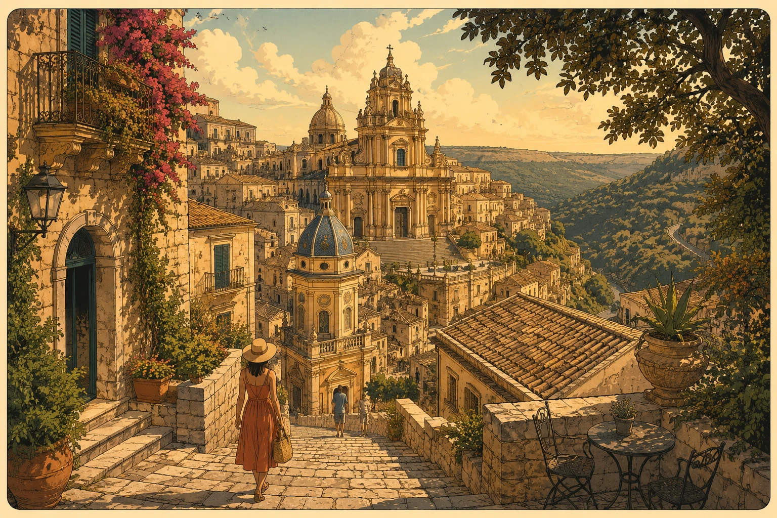 Illustration of the Baroque hillside town of Ragusa Ibla