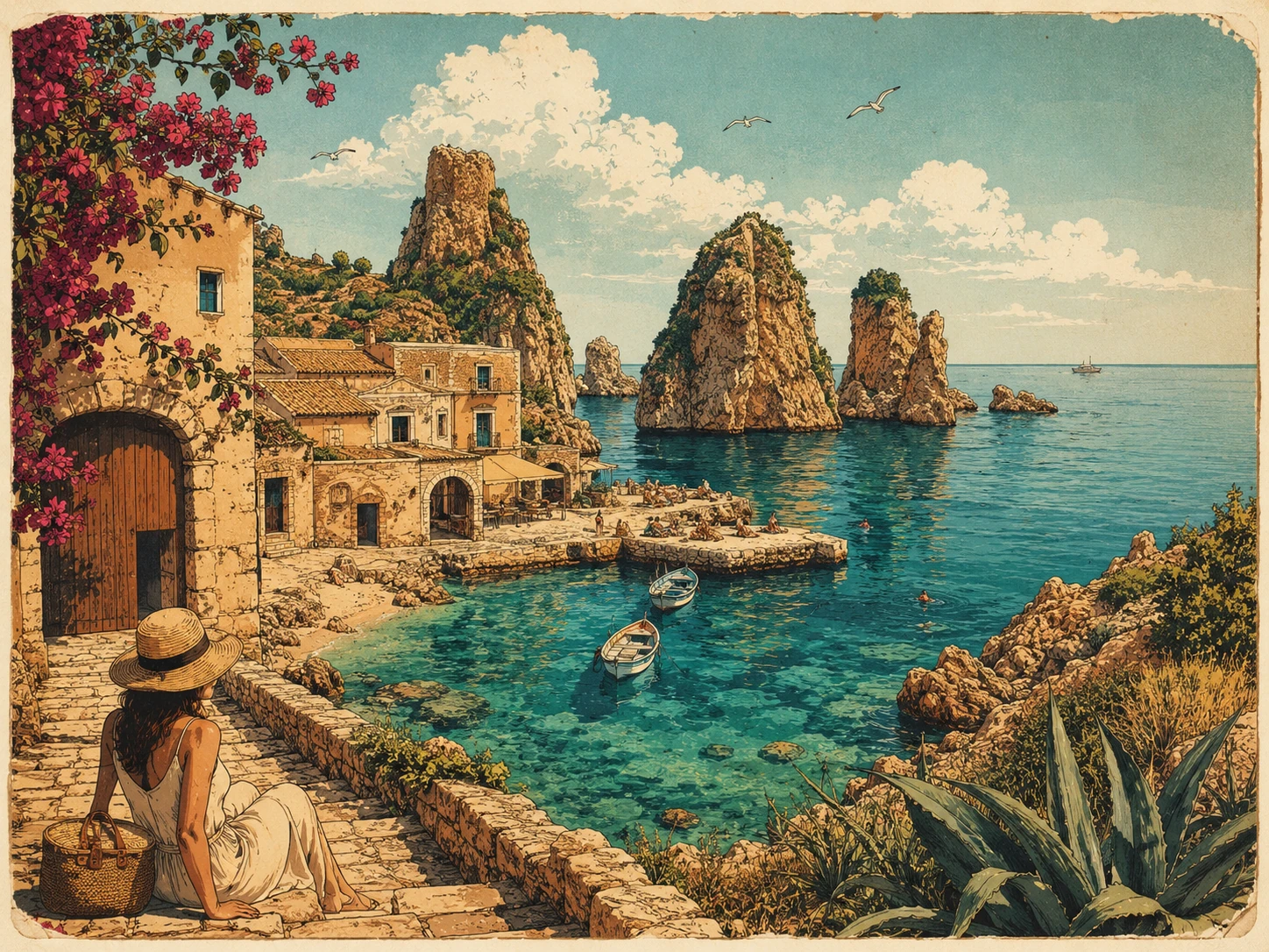 Illustration of Scopello Tonnara and its sea stacks in western Sicily