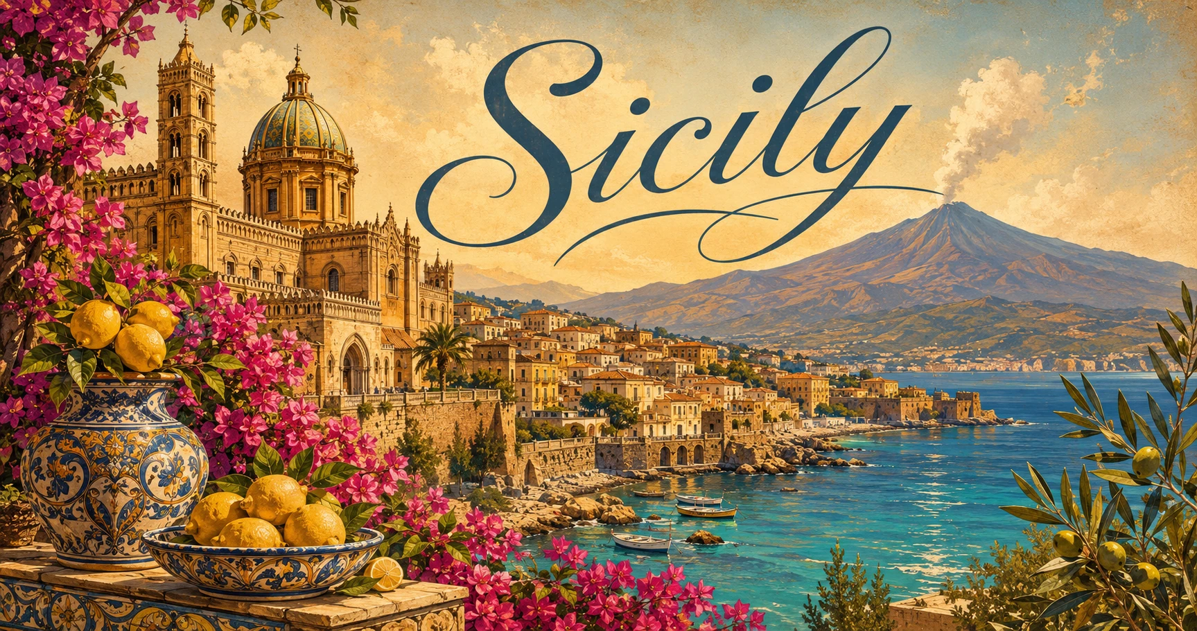 Illustrated Sicily panorama with Mount Etna, Mediterranean coast, historic architecture, and travelers