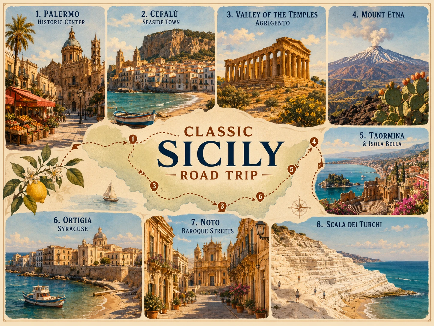 Illustrated route through Sicily's classic cities, coast, volcano, and ancient sites