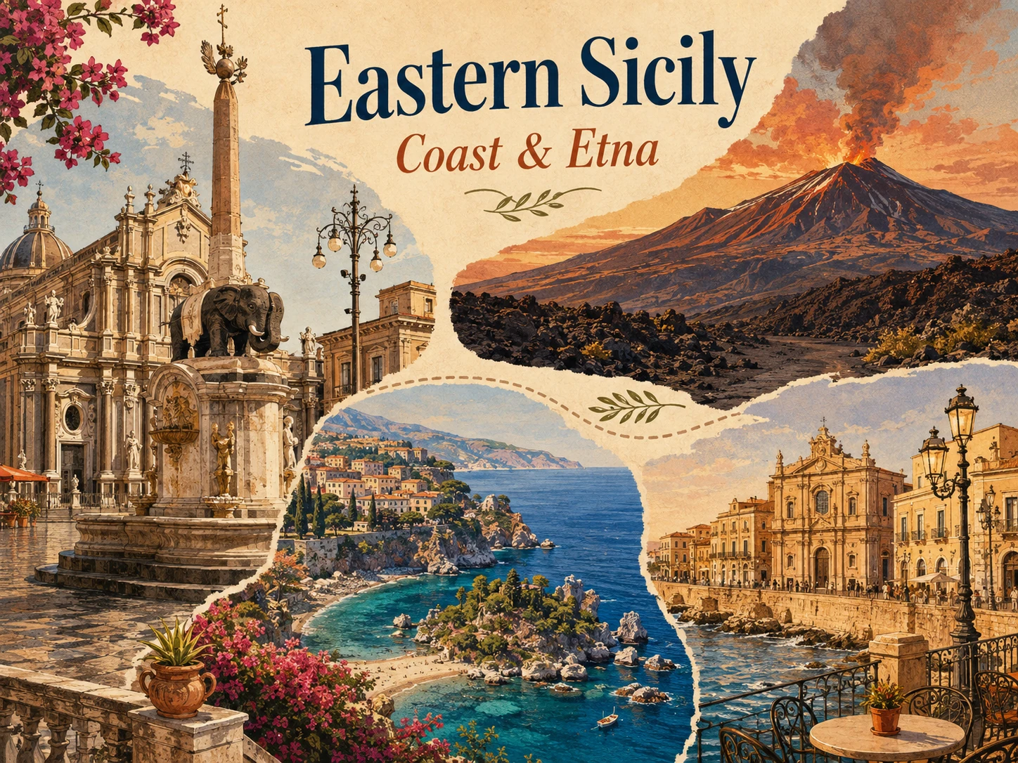 Illustrated eastern Sicily route from Catania to Etna, Taormina, and Ortigia