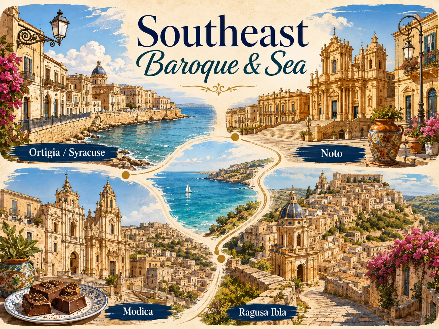 Illustrated southeast Sicily route through Ortigia, Noto, Modica, and Ragusa Ibla