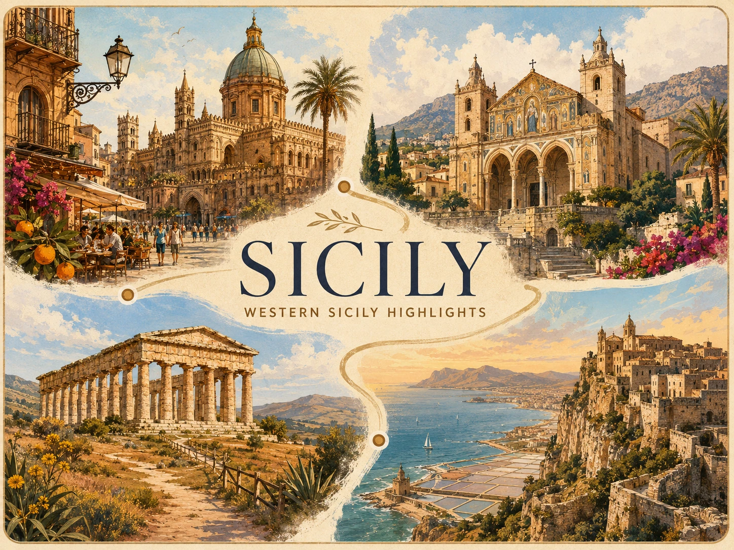 Illustrated route through Palermo, Monreale, Segesta, Trapani, and western Sicily