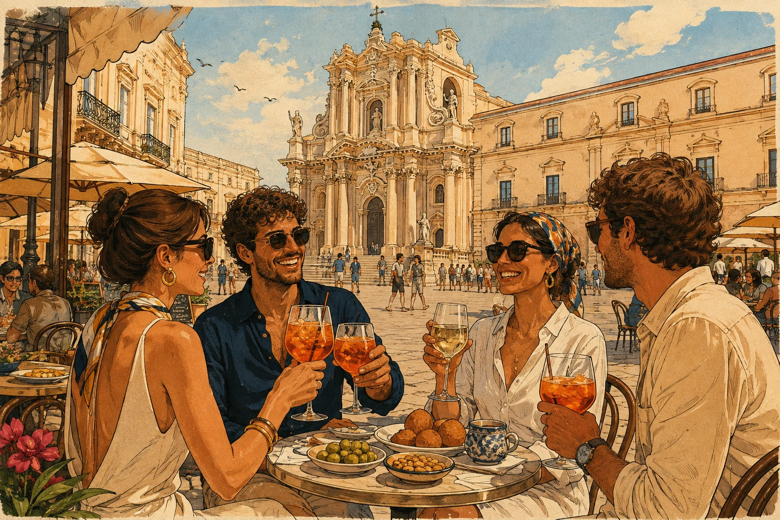 Illustration of aperitivo in Syracuse's Piazza Duomo