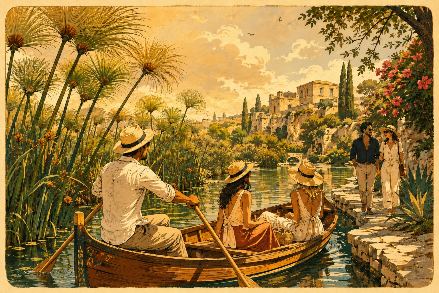 Illustration of papyrus growing along the Ciane River near Syracuse
