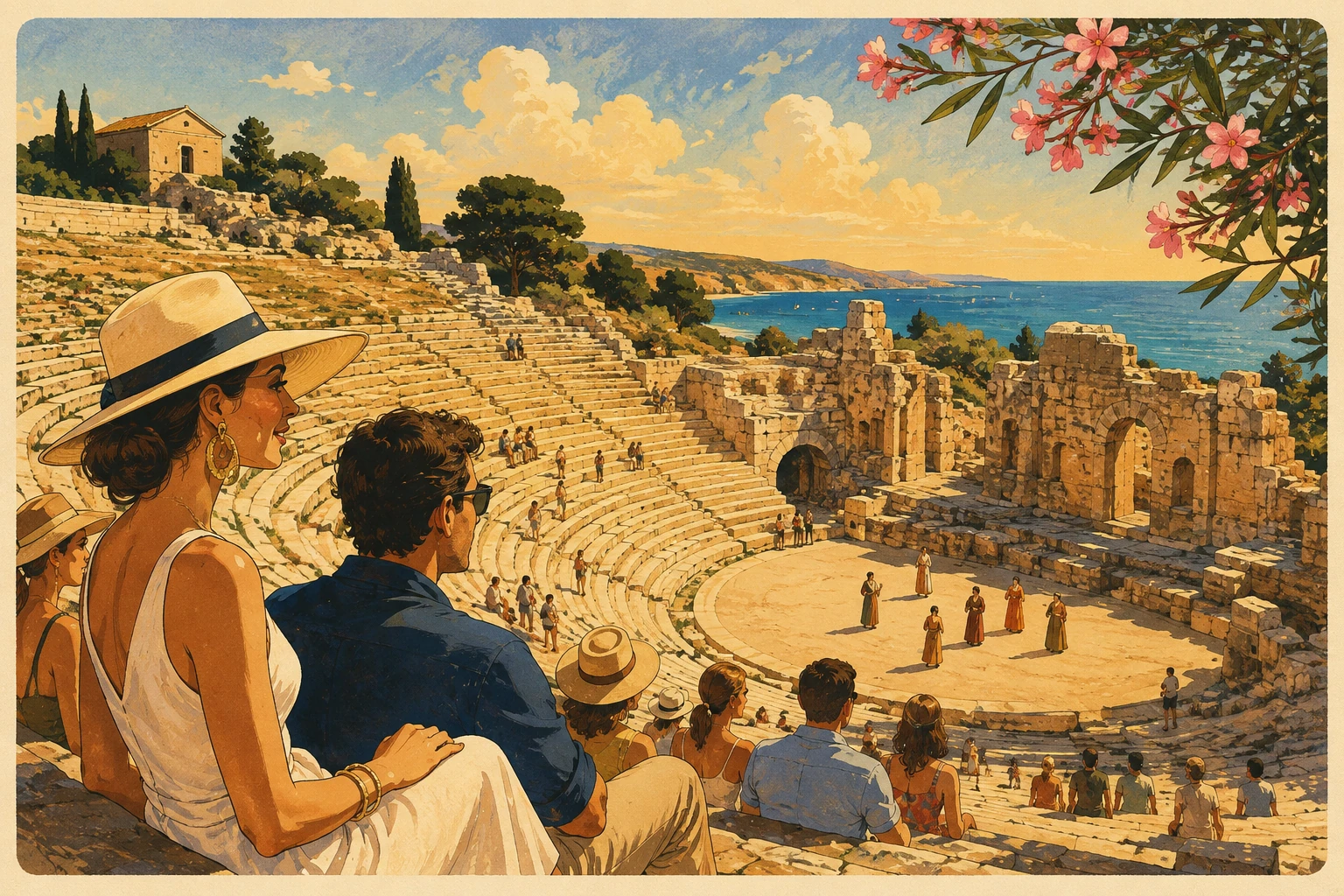 Illustration of visitors exploring the Greek Theatre in Syracuse
