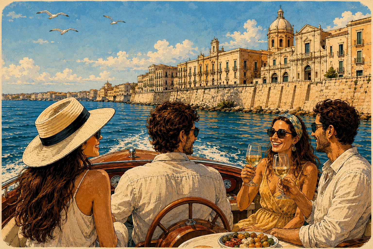 Illustration of a boat cruising around Ortigia and its sea caves