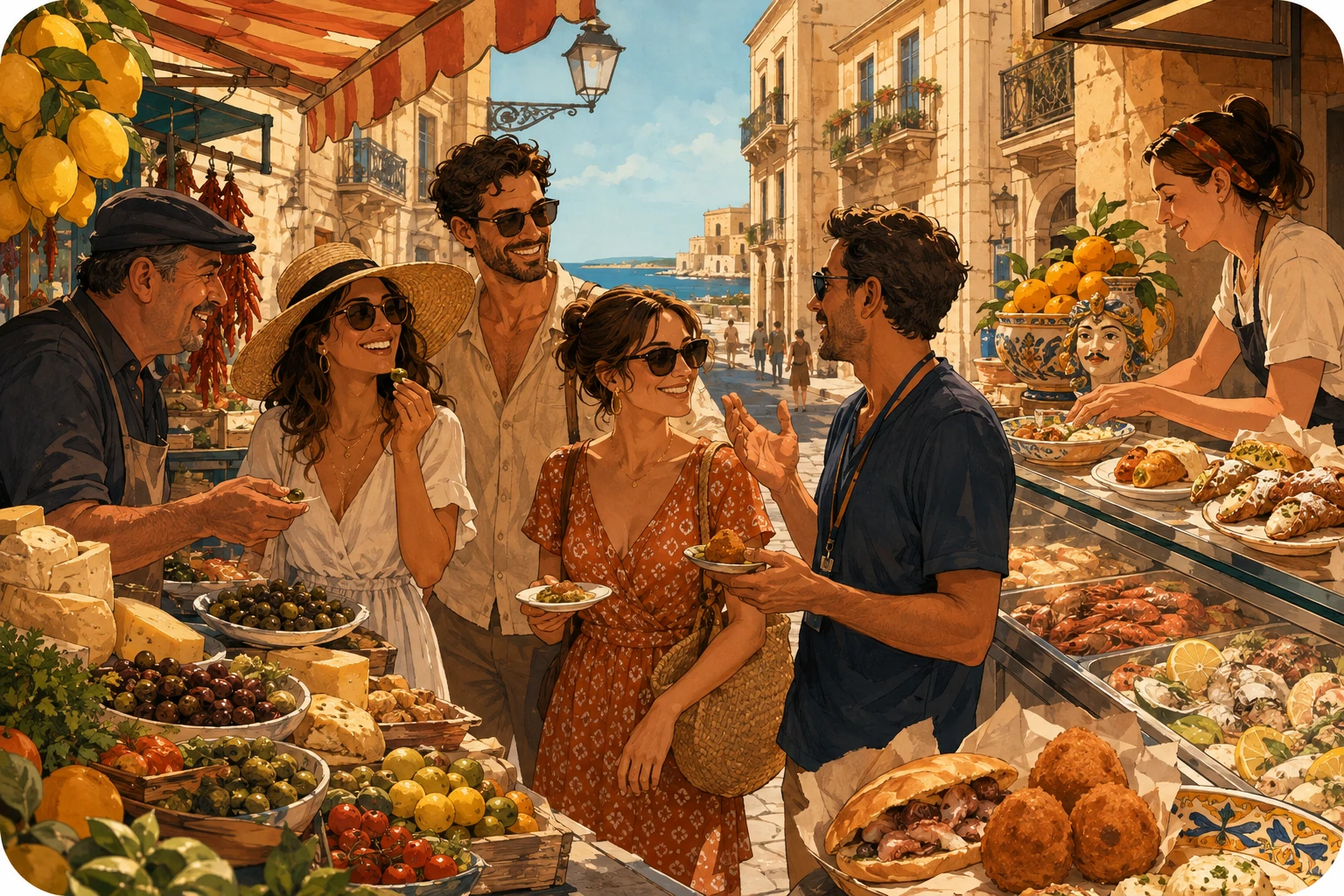 Illustration of travelers tasting Sicilian food in Ortigia market