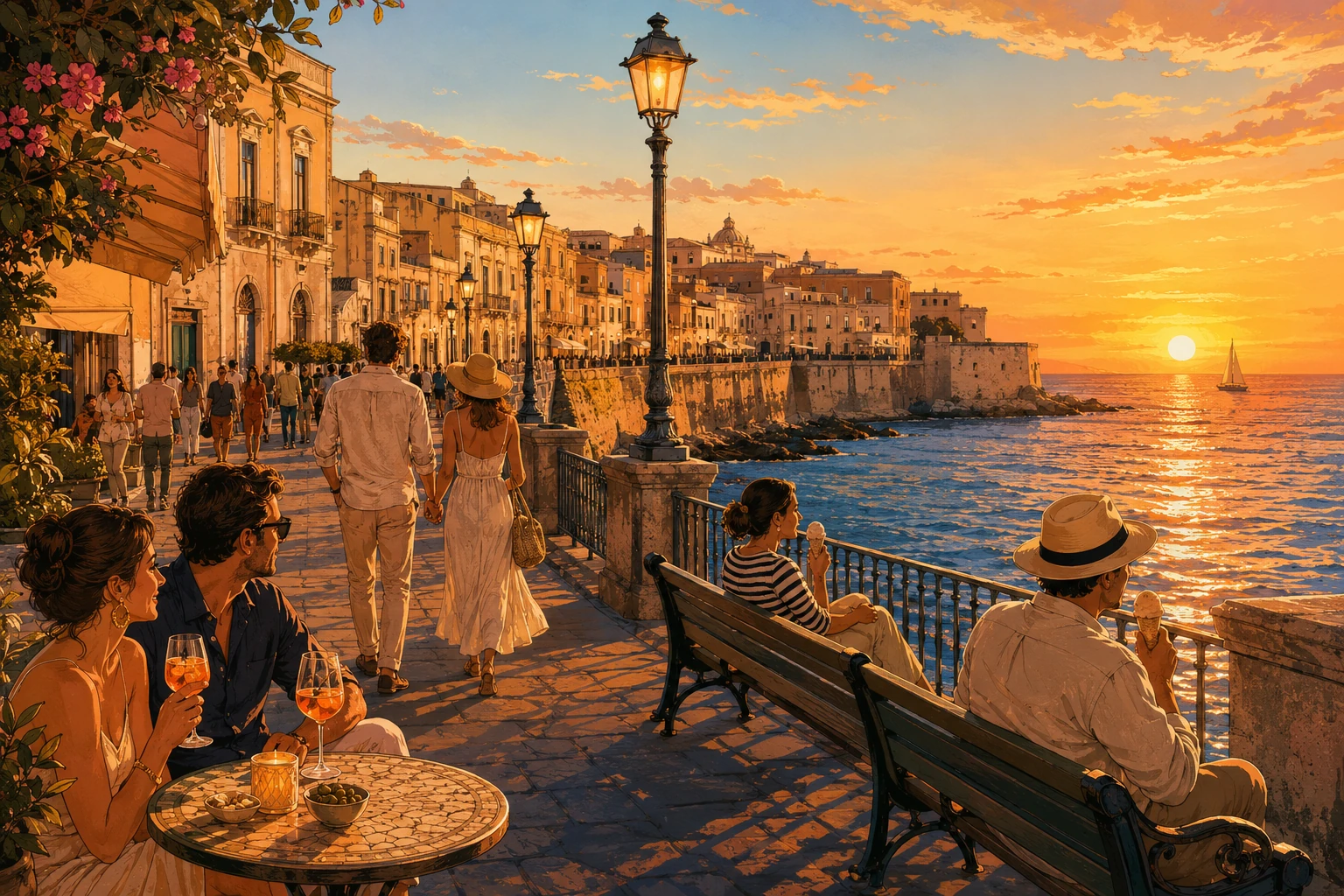 Illustration of sunset along Lungomare Alfeo in Ortigia