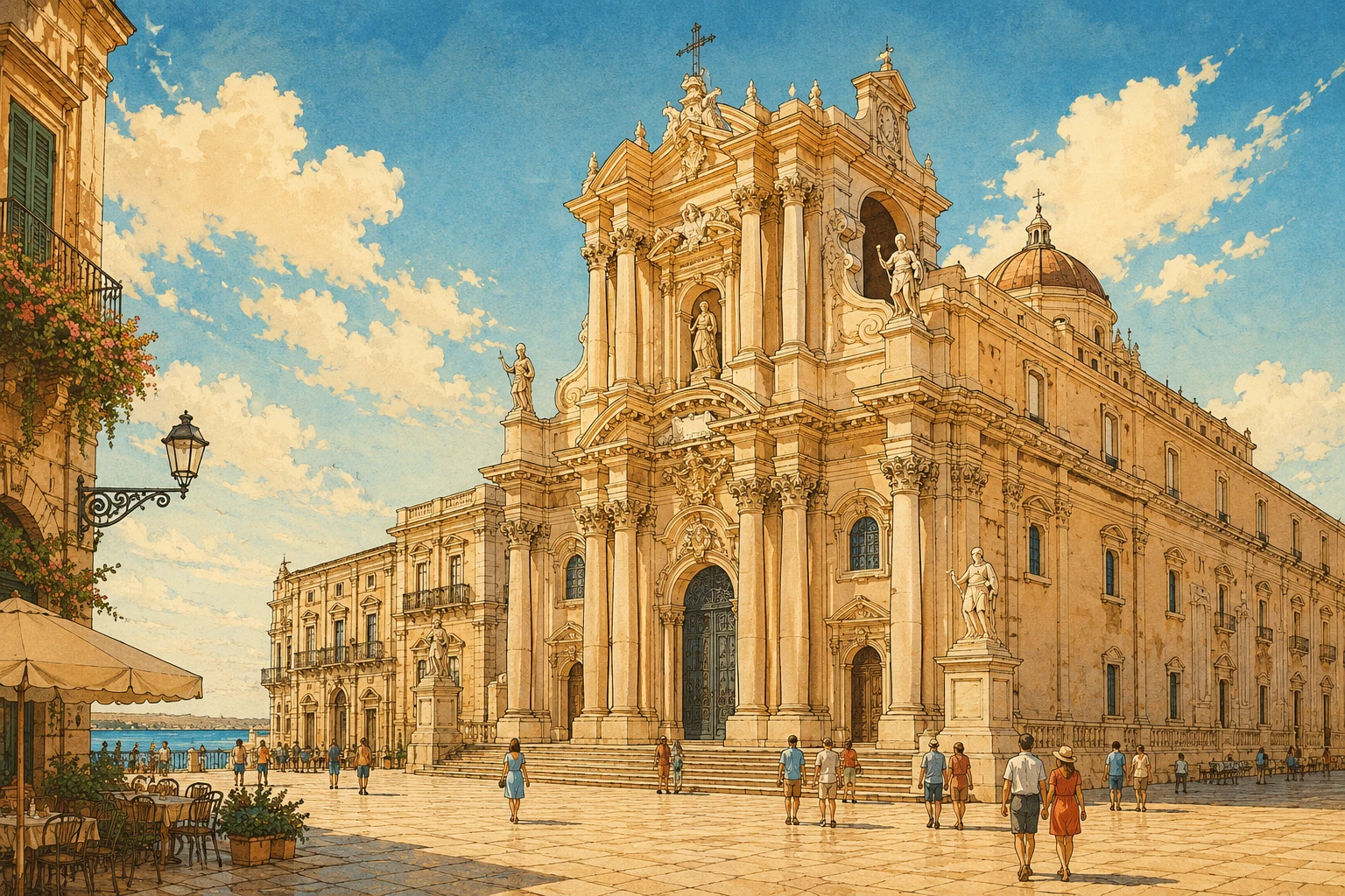 Illustration of Syracuse Cathedral in Piazza Duomo on Ortigia