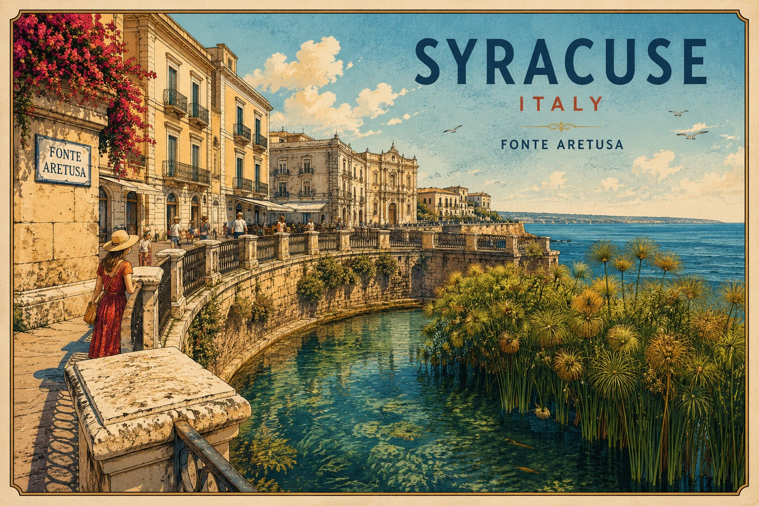Illustration of the Arethusa Fountain and papyrus beside the sea in Ortigia