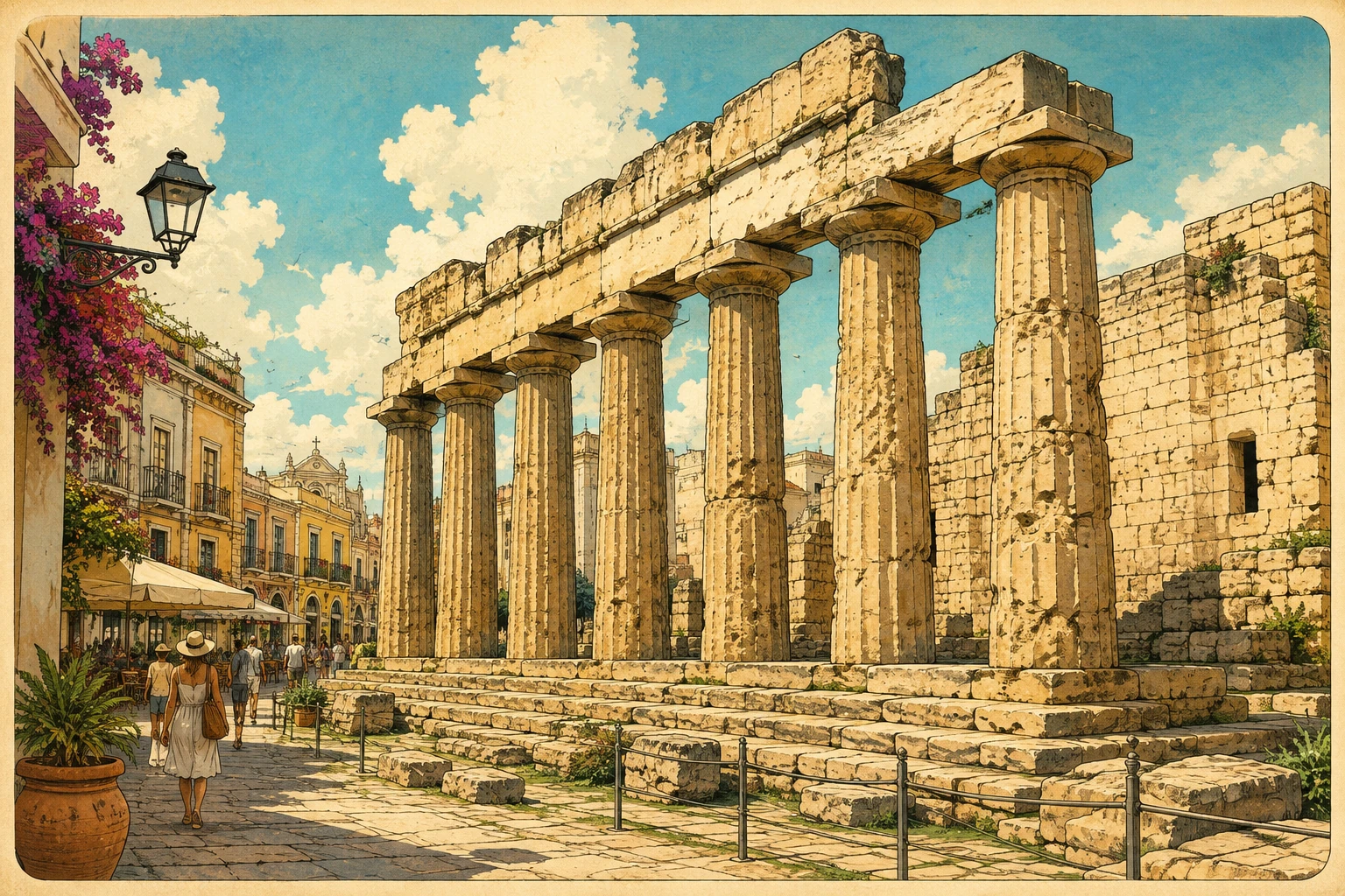 Illustration of the Temple of Apollo ruins at the entrance to Ortigia