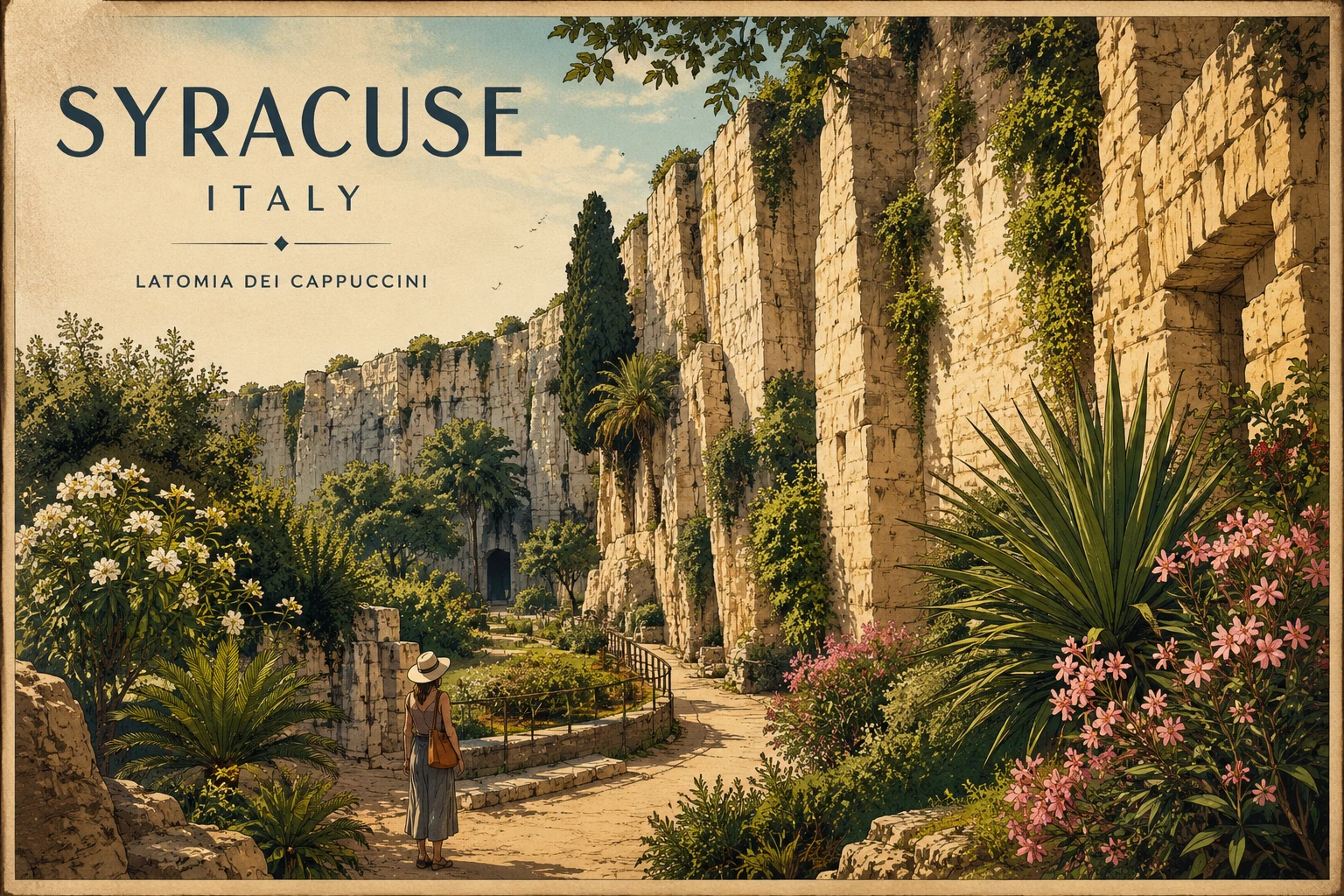 Illustration of the overgrown ancient quarry at Latomia dei Cappuccini