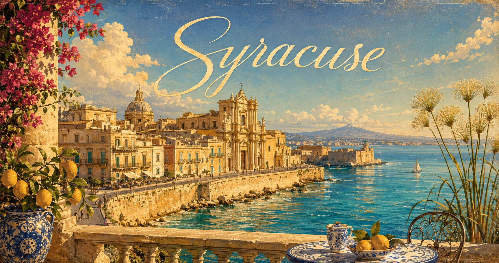 Illustrated panorama of Syracuse and Ortigia with the cathedral, coastline, Mount Etna, lemons, and travelers