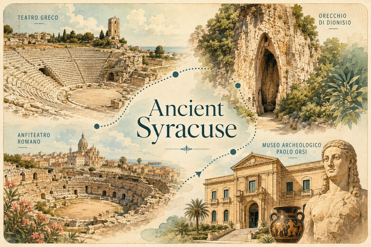 Illustrated route through Syracuse's ancient archaeological sites