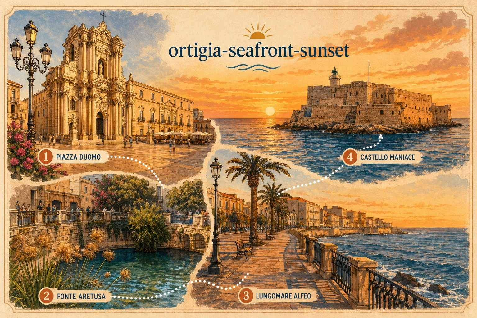 Illustrated sunset route around Ortigia's waterfront