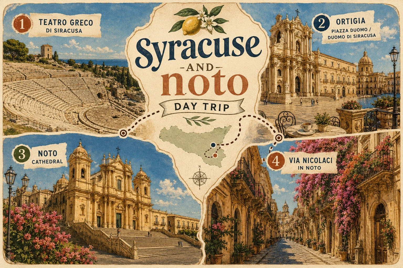 Illustrated route linking Syracuse and the Baroque city of Noto