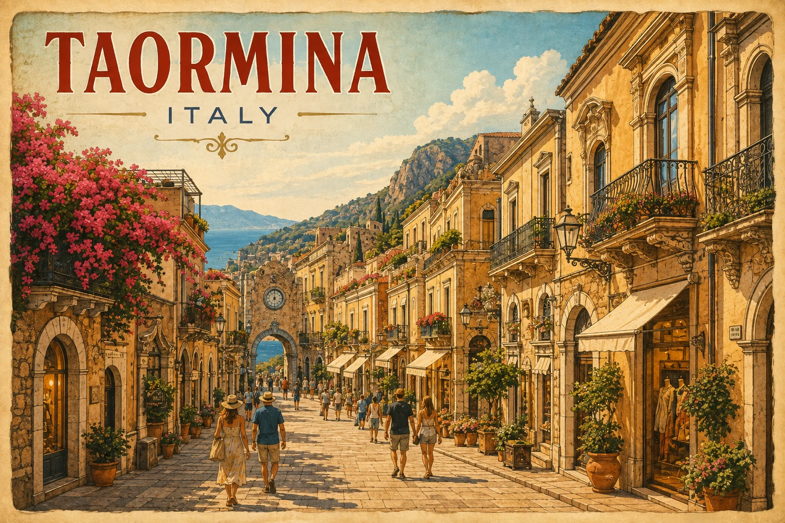 Illustration of Corso Umberto through Taormina's historic center