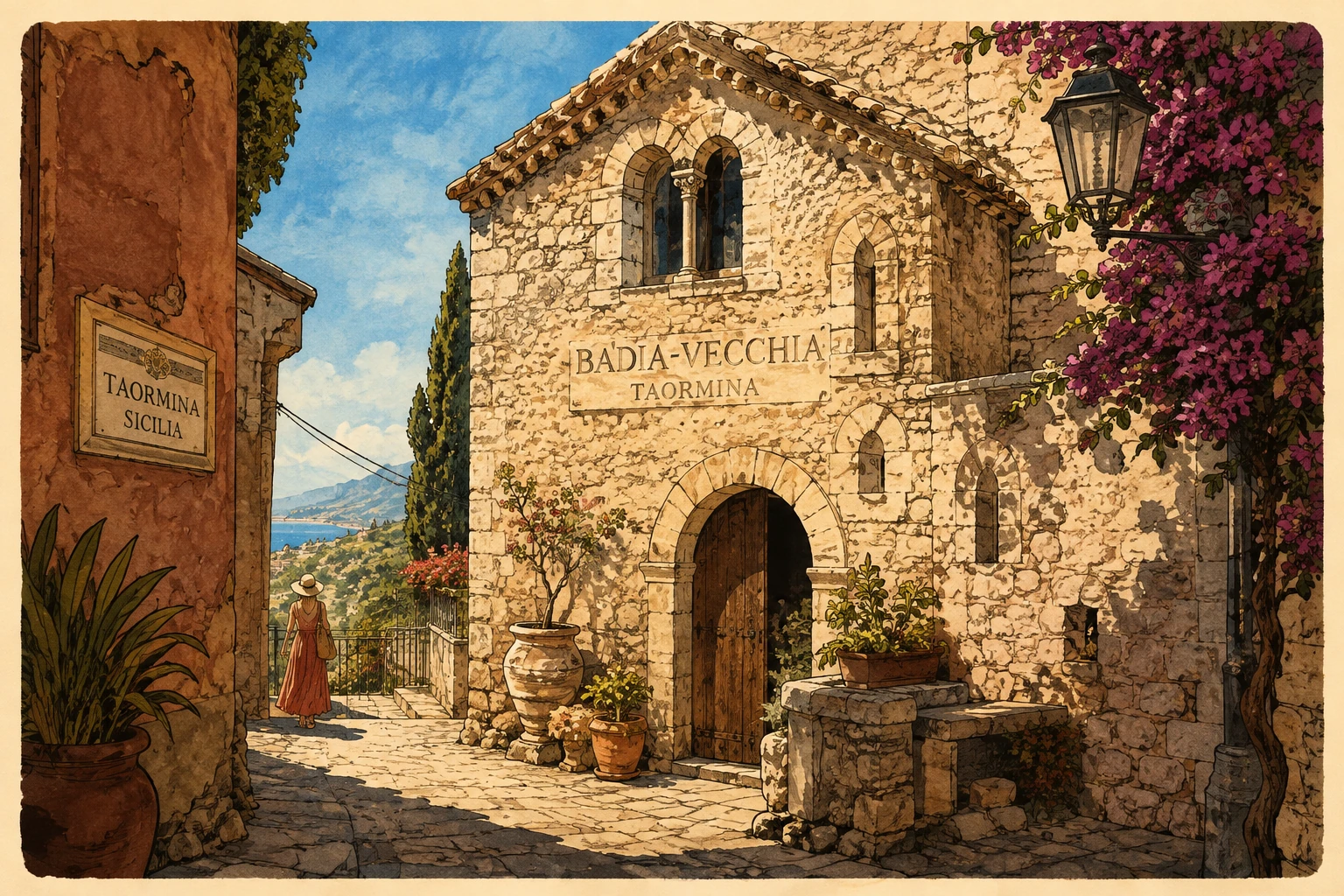 Illustration of the medieval Badia Vecchia stone tower in Taormina