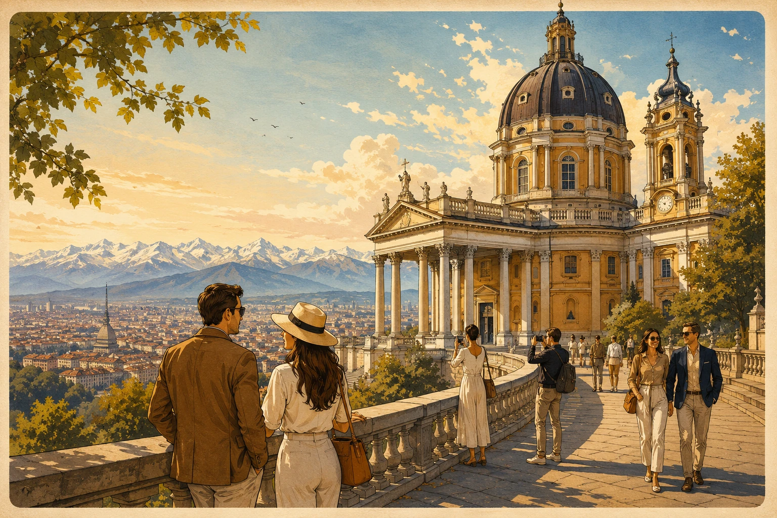 Illustration of Basilica di Superga above Turin with Alpine views