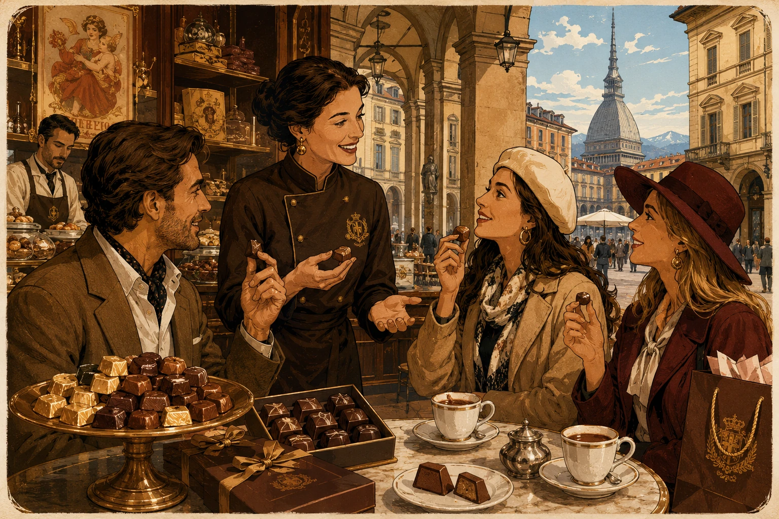 Illustration of Turin chocolate, gianduja, and a historic cafe setting
