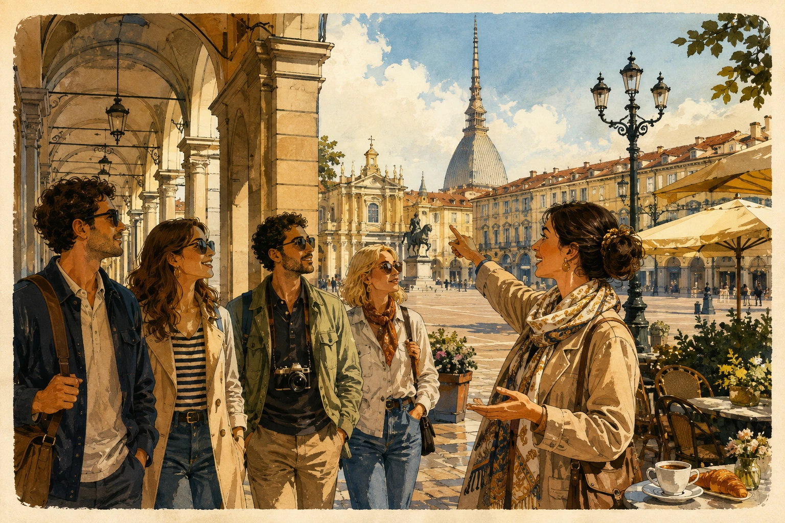 Illustration of a Turin walking tour beneath arcades and historic streets
