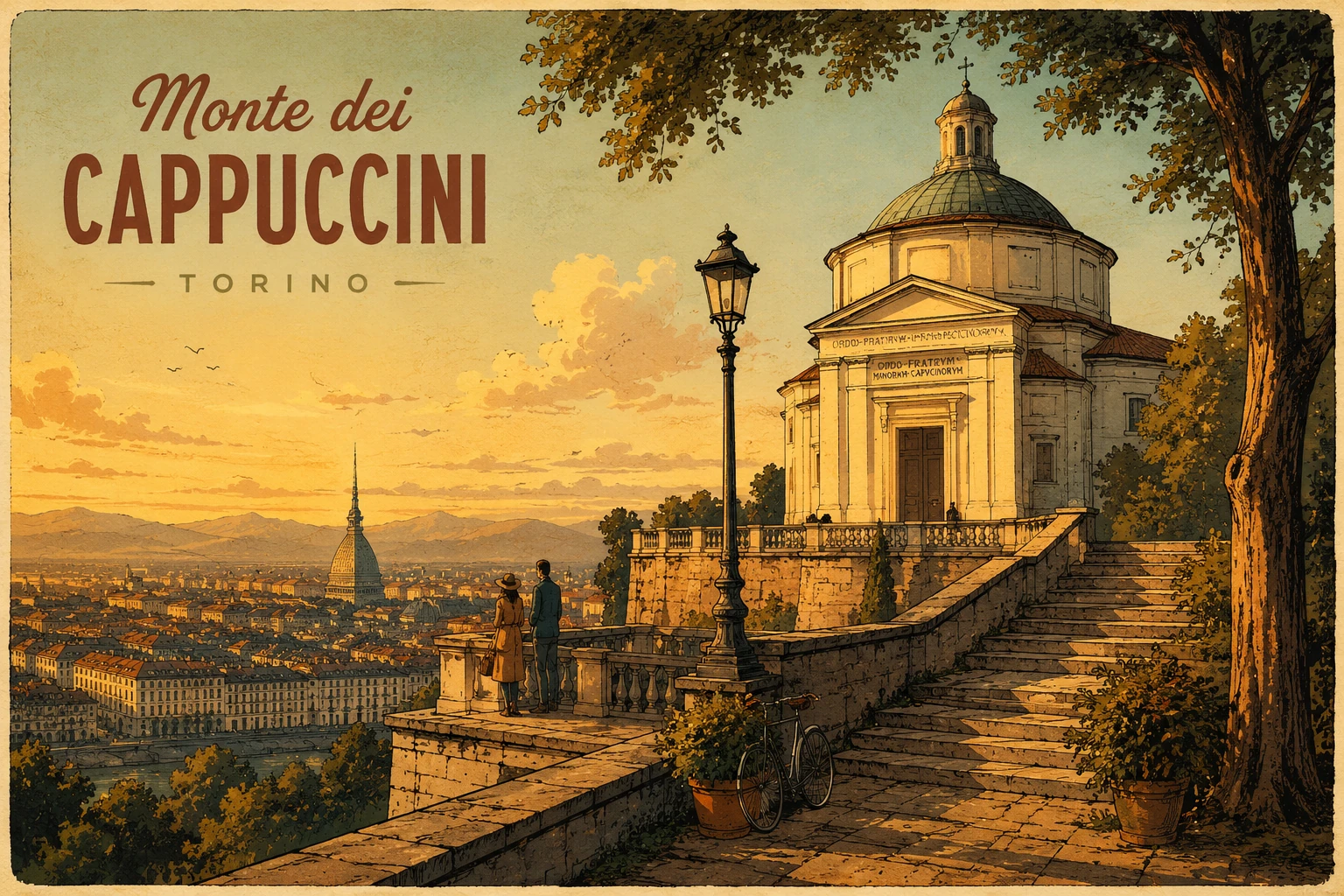 Illustration of the viewpoint from Monte dei Cappuccini over Turin and the Alps