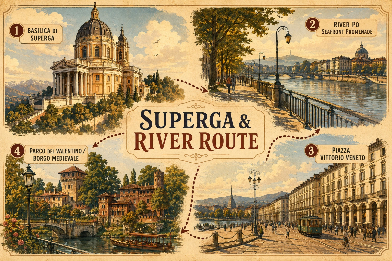 Illustration of the Po river, Turin hills, and Basilica di Superga