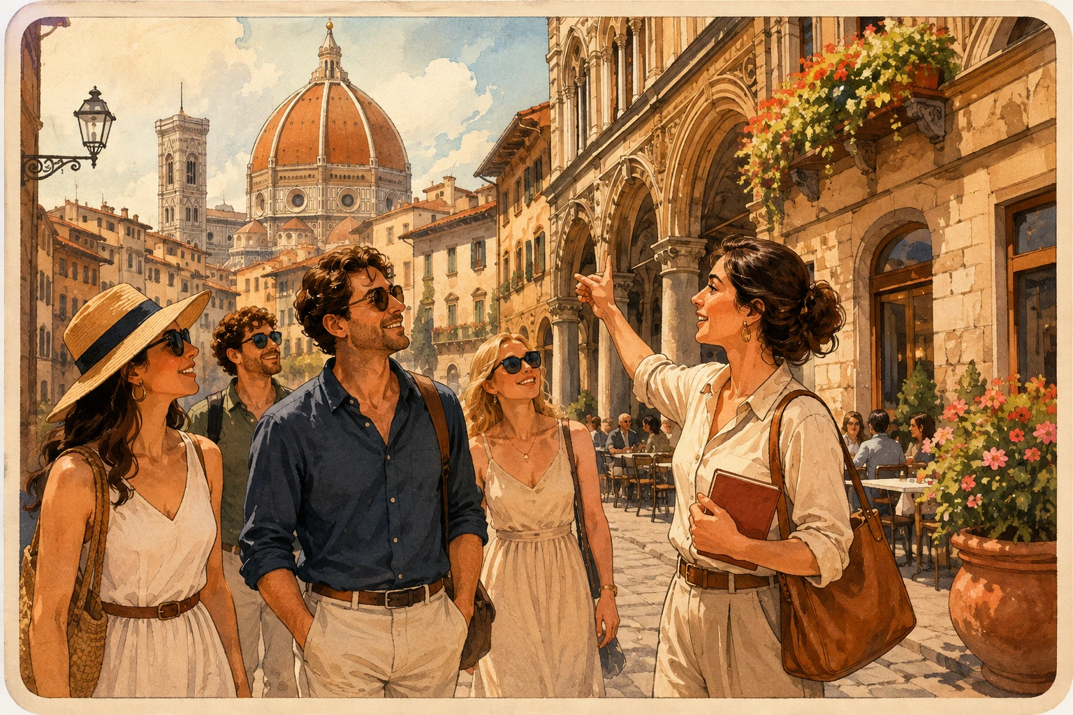 Complete Florence guided-tour infographic showing landmarks, walking route, map, Duomo, Ponte Vecchio, and practical tips