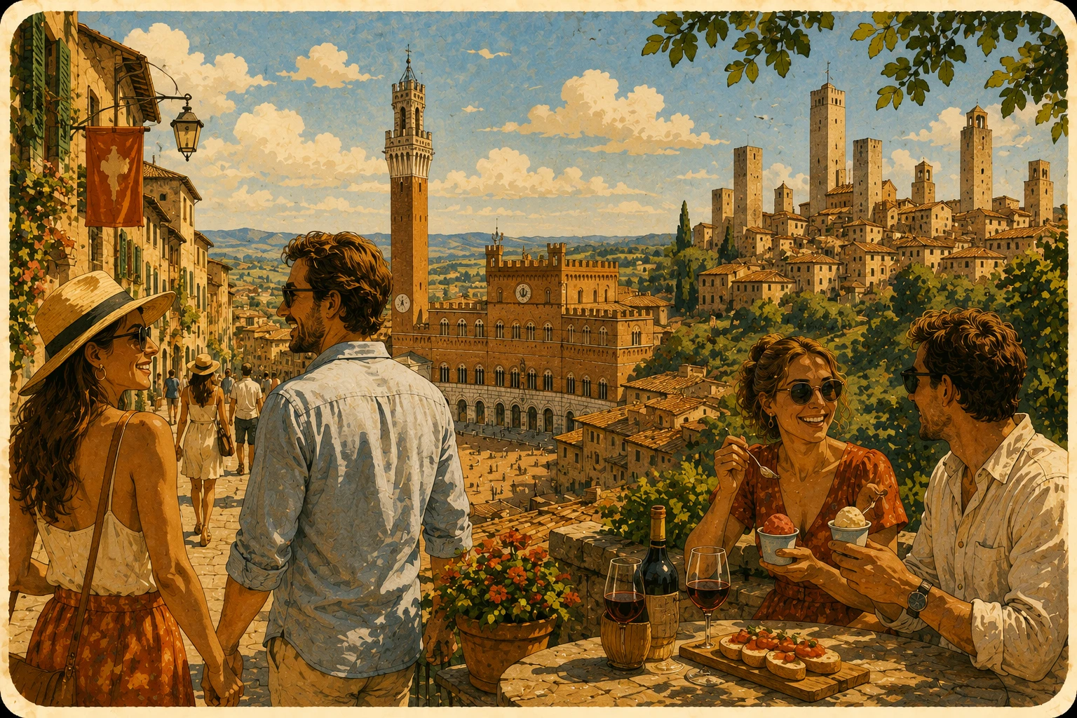 Complete Siena and San Gimignano day-trip infographic with town highlights, route map, schedule, food, and travel advice