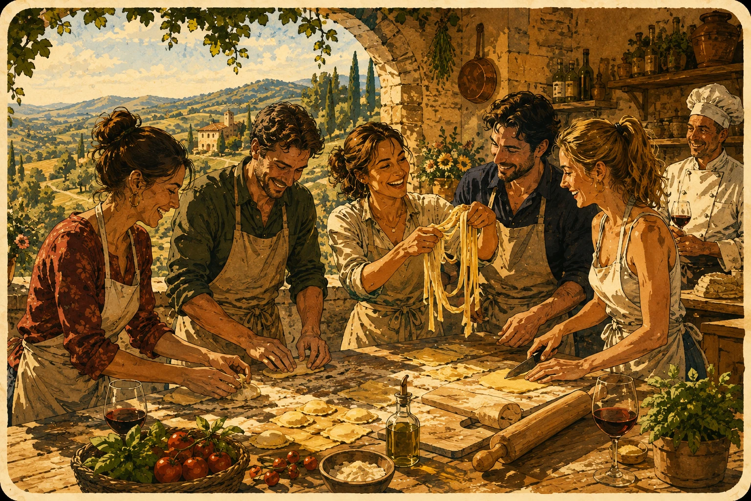 Complete Tuscan cooking-class infographic with fresh pasta, local ingredients, farmhouse kitchen, participants, meal, and countryside