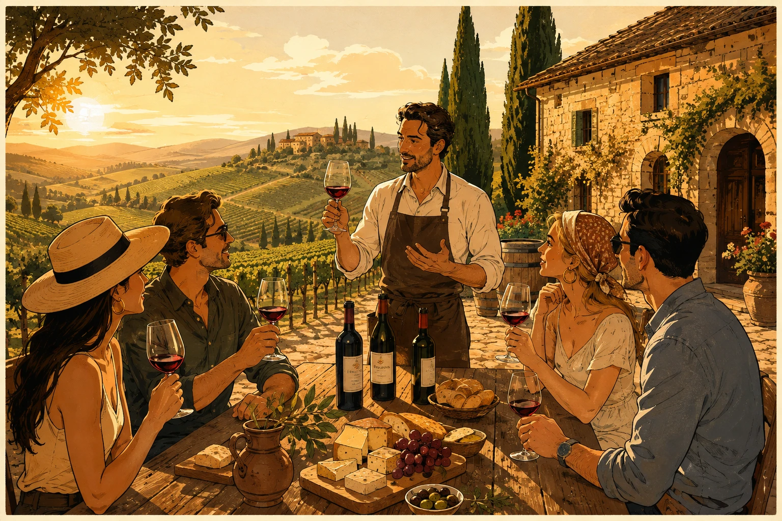 Complete Tuscany wine-tour infographic with vineyards, wineries, tasting route, wine glasses, countryside, and practical information