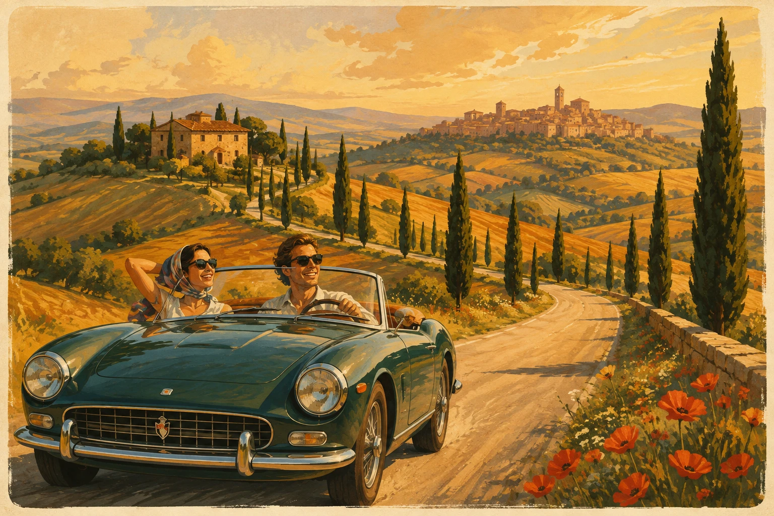 Complete Val d'Orcia scenic-drive infographic with route map, cypress roads, Pienza, Bagno Vignoni, Montalcino, and travel tips